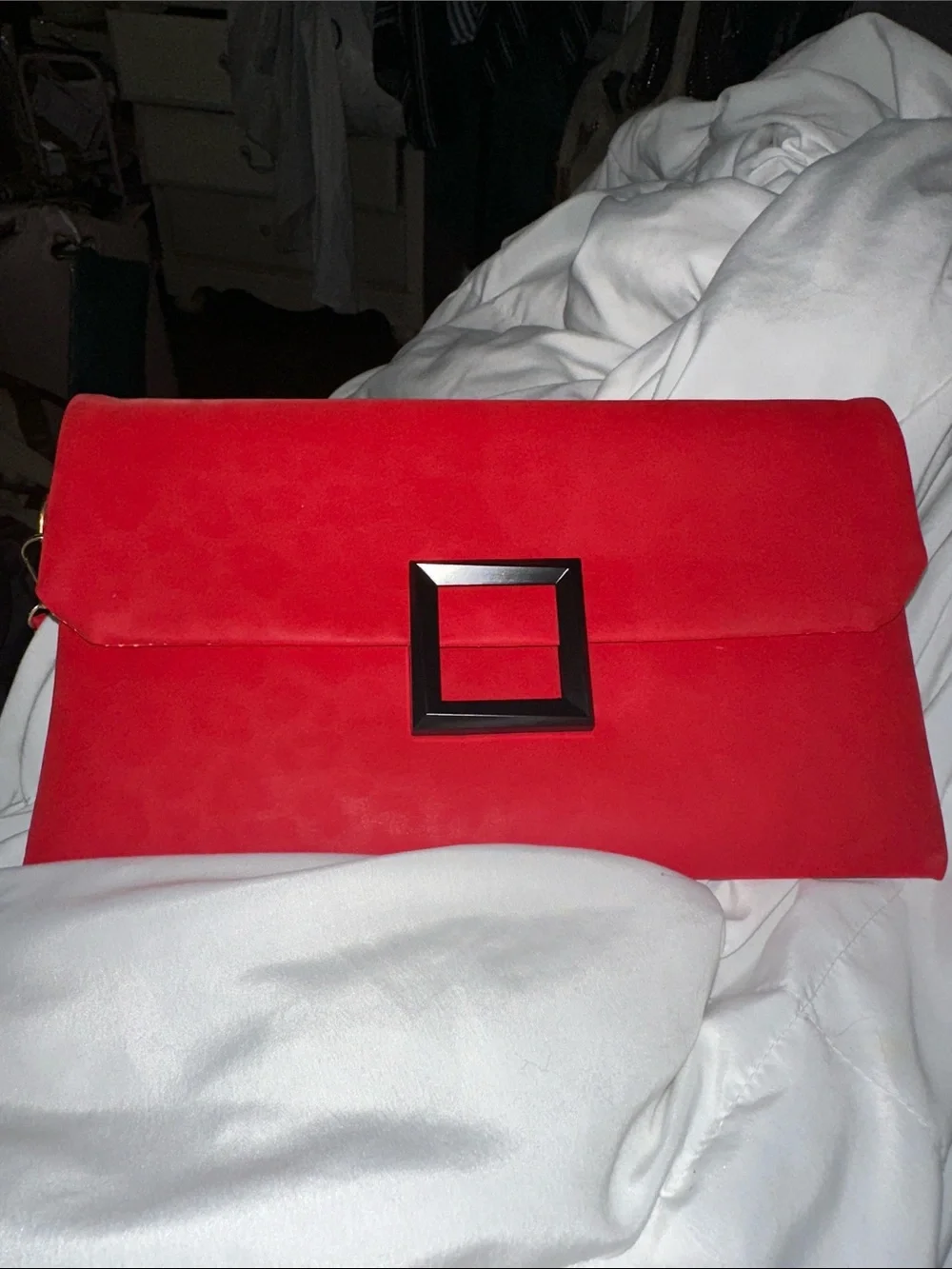 Vintage Red Satin Clutch with Square Black Accent leopard print gold acc new